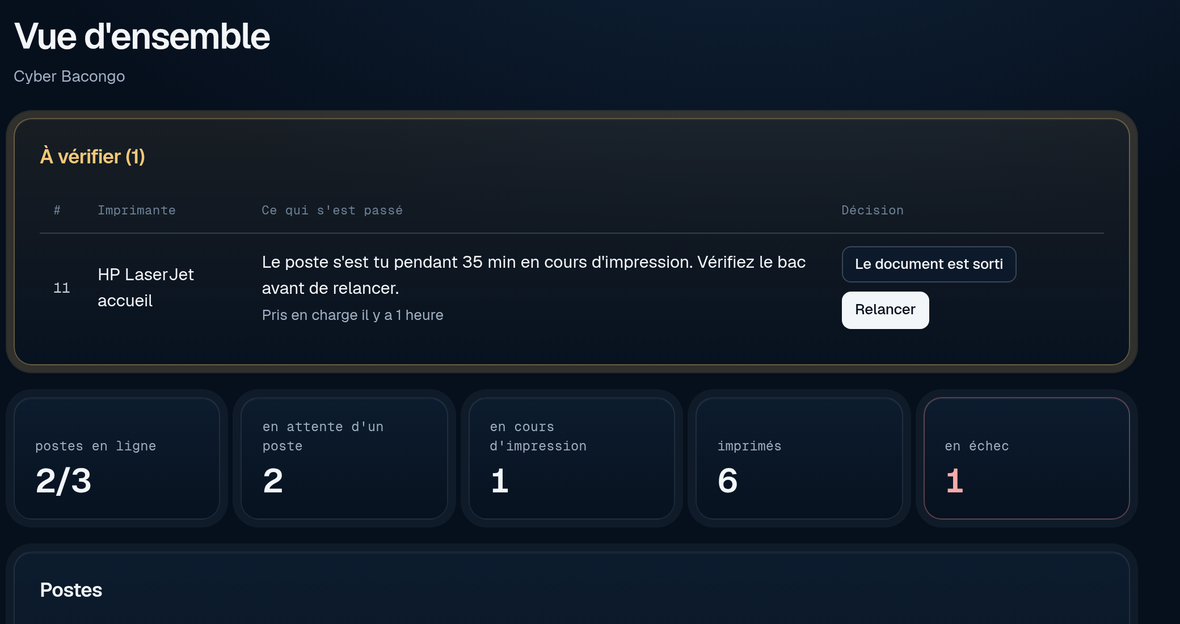 Le tableau de bord Printaya : les postes connectés, leurs imprimantes et les dernières impressions d'un client.